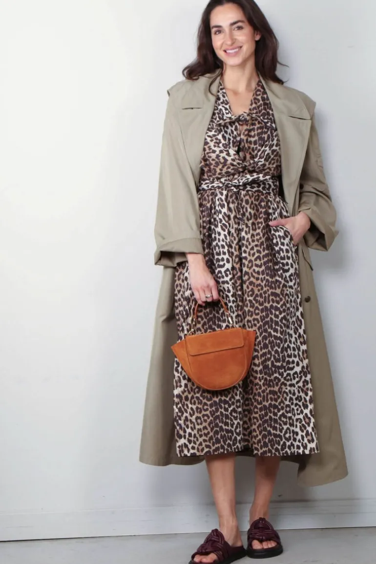 Ganni Jurk - Printed Cotton Tie Strap Midi Dress - Leopard