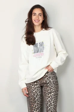 Ganni Sweatshirt - Isoli Kittens Drop Shoulder Sweatshirt - Egret