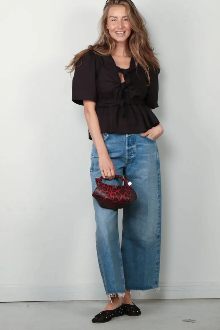 Ganni Top - Washed Stretch Cotton Tie Strap Blouse - Black