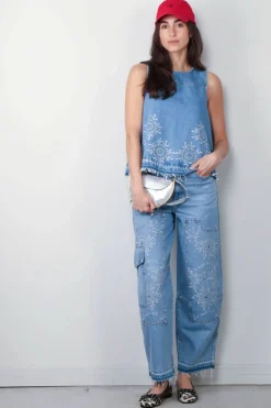 Ganni Top - Broderie Anglaise Denim Top - Light Blue Stone