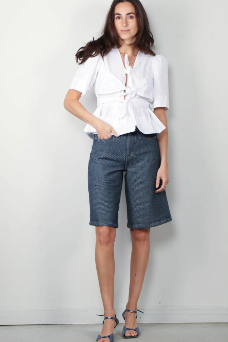 Ganni Top - Washed Stretch Cotton Tie Strap Blouse - Bright White