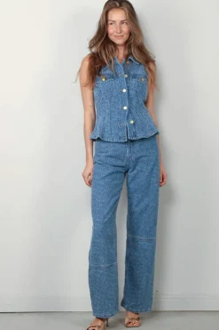 Ganni Top - Fluffy Denim Fitted Top - Mid Blue Stone