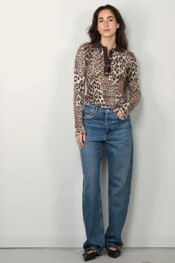 Ganni Top - Fine Merino Jacquard Leopard Polo - Leopard