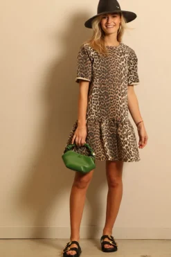 Ganni jurk - J1444 Print Denim Open-back Mini Dress - Leopard