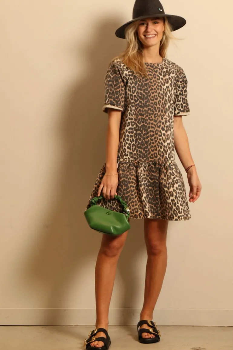 Ganni jurk - J1444 Print Denim Open-back Mini Dress - Leopard
