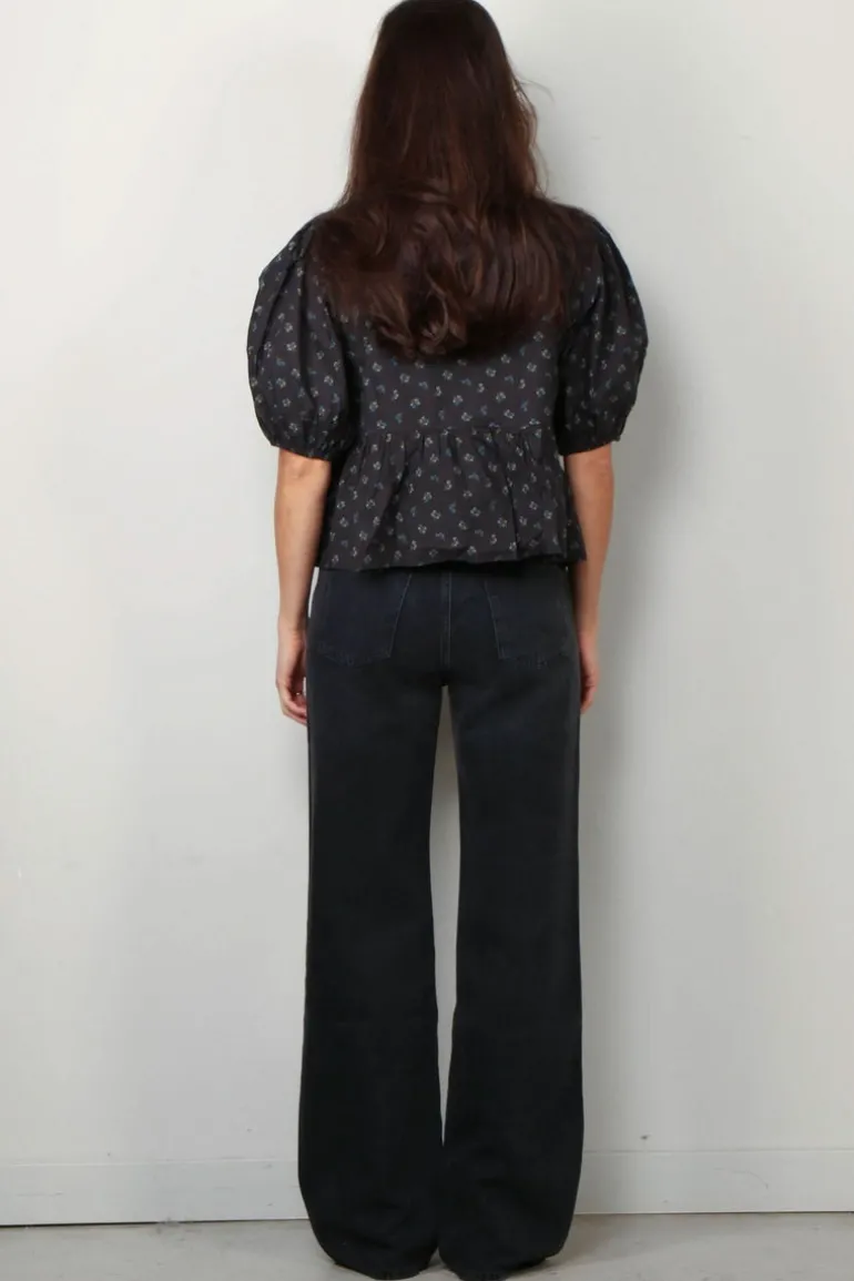 Ganni Top - Printed Cotton Peplum Blouse - Phantom