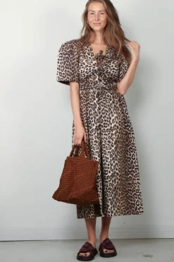 Ganni Jurk - Printed Cotton Tie Strap Midi Dress - Leopard