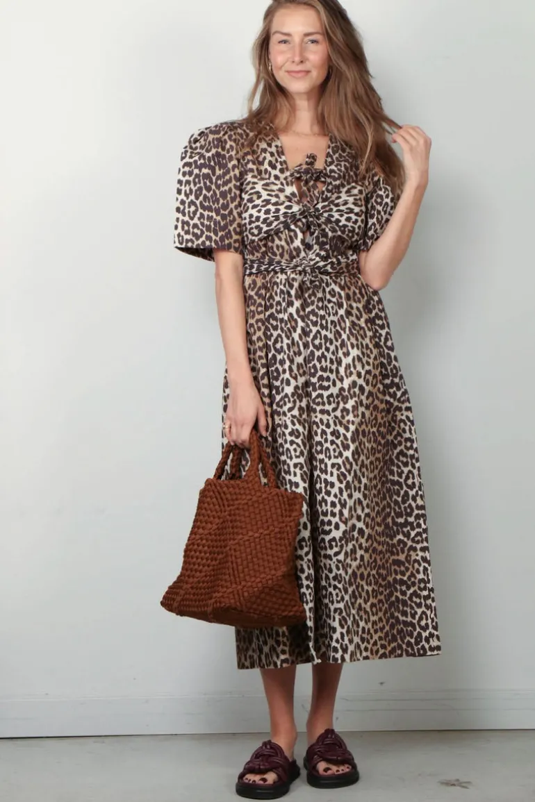Ganni Jurk - Printed Cotton Tie Strap Midi Dress - Leopard