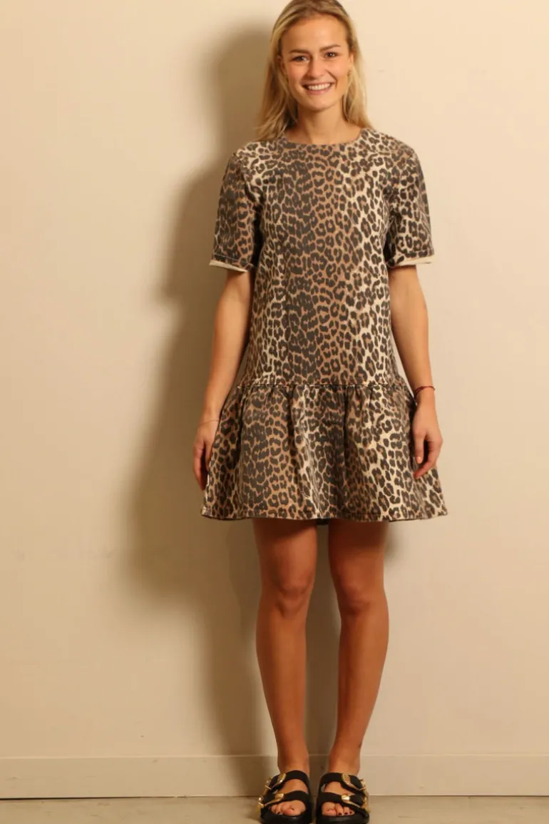 Ganni jurk - J1444 Print Denim Open-back Mini Dress - Leopard