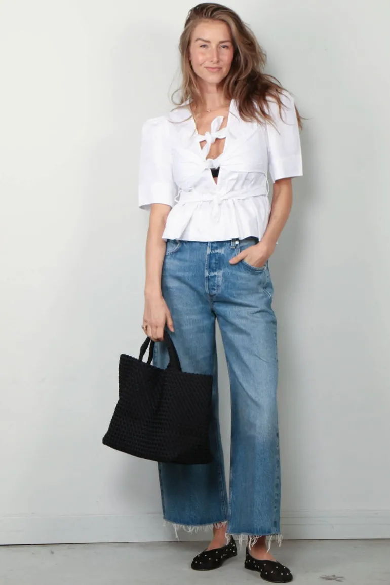 Ganni Top - Washed Stretch Cotton Tie Strap Blouse - Bright White