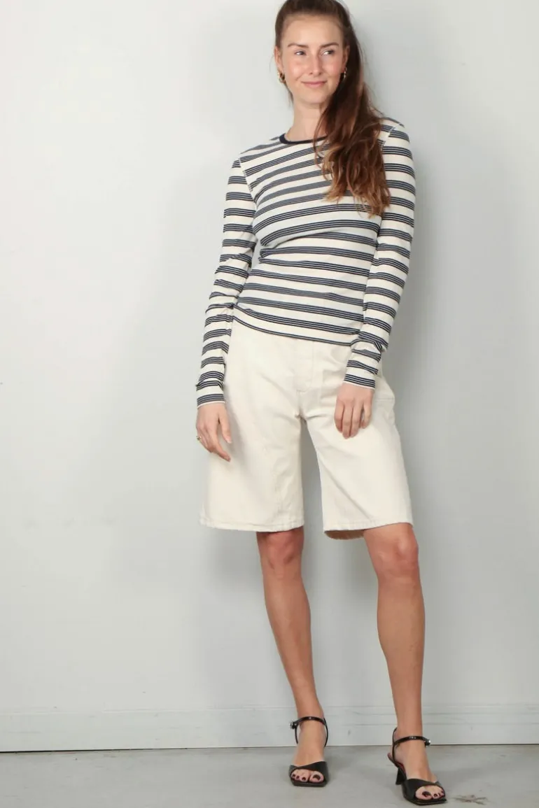 Ganni Top - Striped Soft Cotton Rib Long Sleeve T-Shirt - Sky Captain