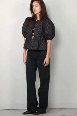 Ganni Top - Printed Cotton Peplum Blouse - Phantom