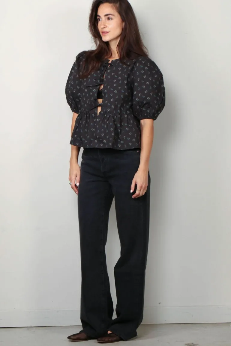 Ganni Top - Printed Cotton Peplum Blouse - Phantom
