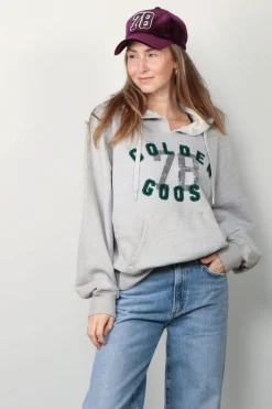 Golden Goose Hoodie - Ribbed Side Fleece Vintage Printed - Grey Melange / Black / Jelly Bean