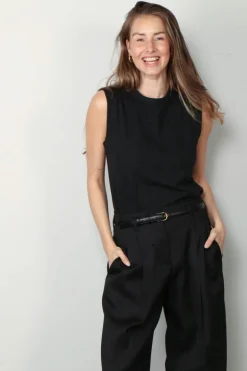 Golden Goose Top - Sleeveless Slim T-shirt Beaded Embroidery - Black