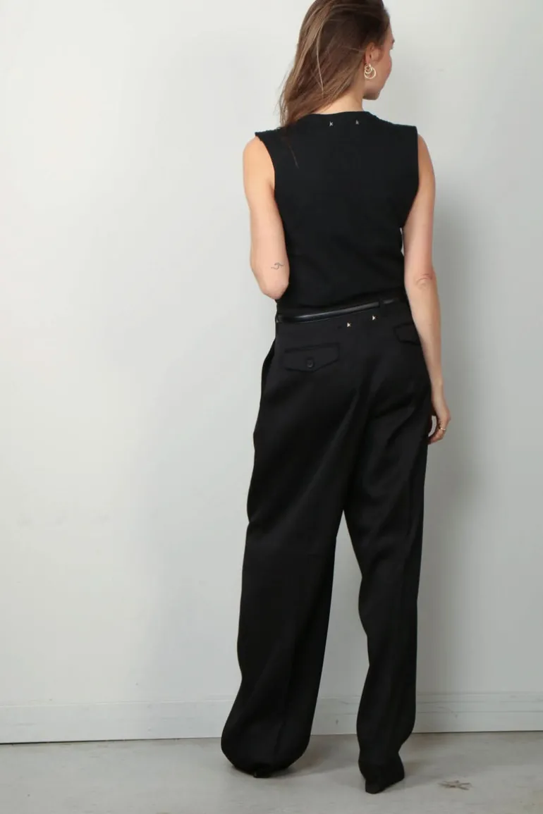 Golden Goose Top - Sleeveless Slim T-shirt Beaded Embroidery - Black