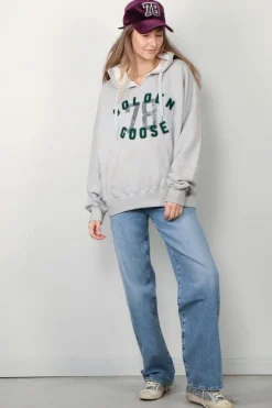Golden Goose Hoodie - Ribbed Side Fleece Vintage Printed - Grey Melange / Black / Jelly Bean