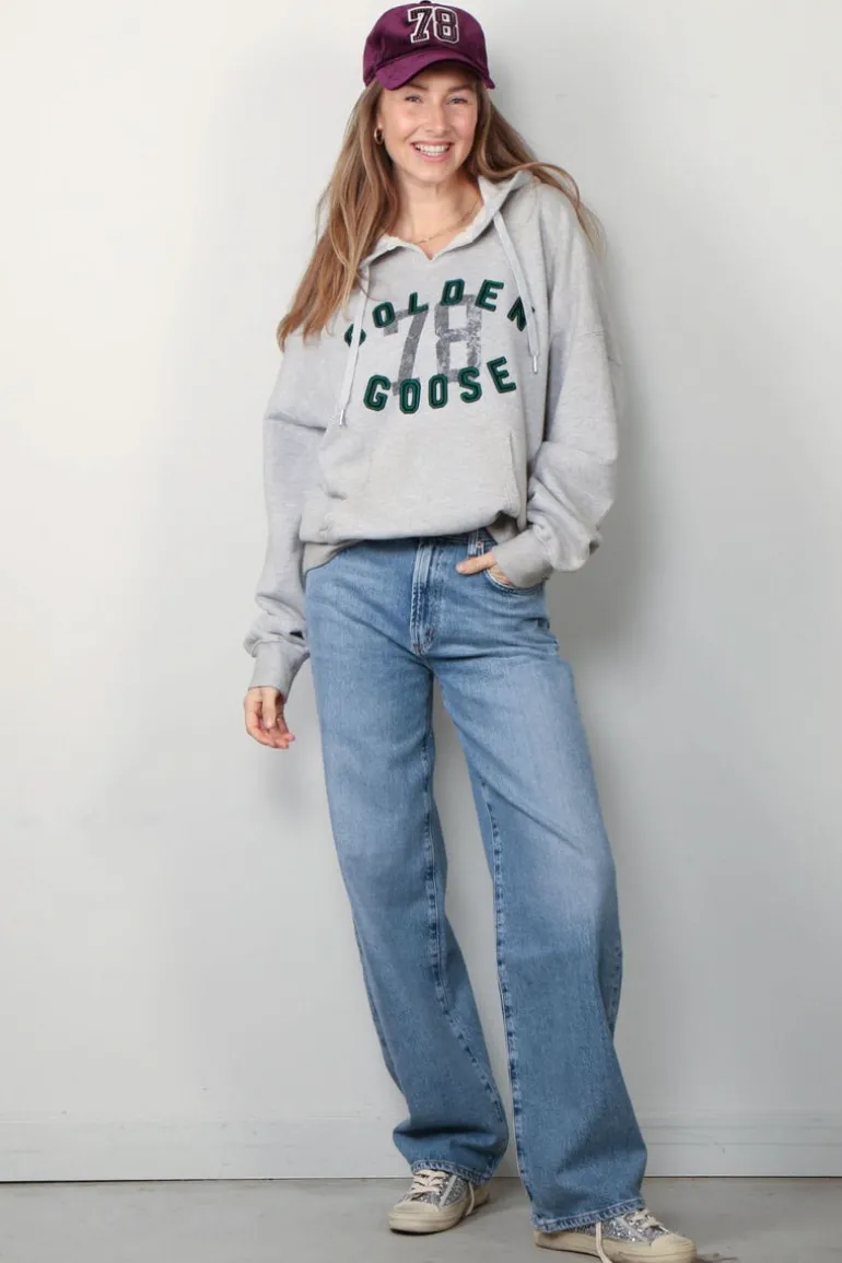 Golden Goose Hoodie - Ribbed Side Fleece Vintage Printed - Grey Melange / Black / Jelly Bean