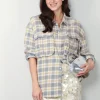 R13 Blouse - Oversized Pocket Drop Neck Shirt - Cream/ Blue Plaid