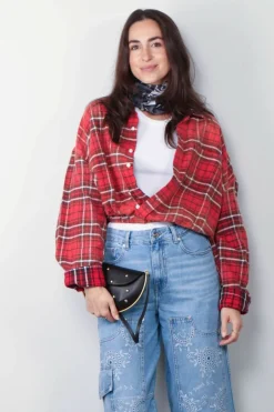 R13 Blouse - Crossover Bubble Shirt - Washed Red Plaid