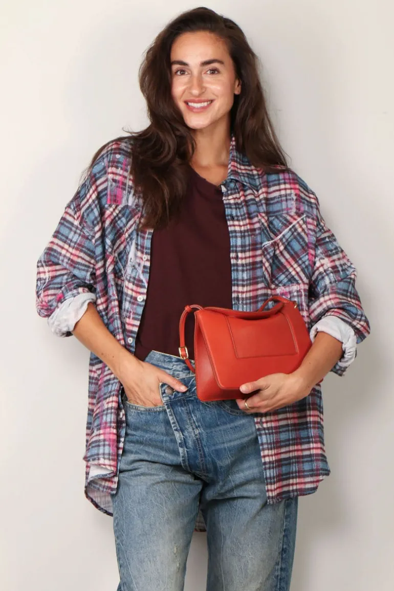 R13 Blouse - Drop neck workshirt - Blue plaid with paint drips