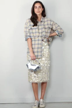 R13 Blouse - Oversized Pocket Drop Neck Shirt - Cream/ Blue Plaid