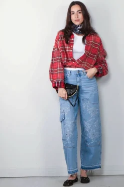 R13 Blouse - Crossover Bubble Shirt - Washed Red Plaid