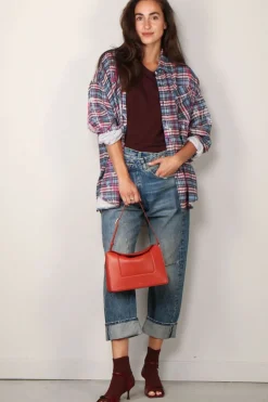R13 Blouse - Drop neck workshirt - Blue plaid with paint drips