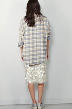 R13 Blouse - Oversized Pocket Drop Neck Shirt - Cream/ Blue Plaid