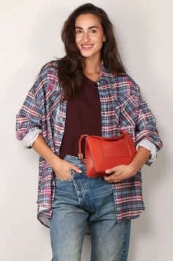 R13 Blouse - Drop neck workshirt - Blue plaid with paint drips