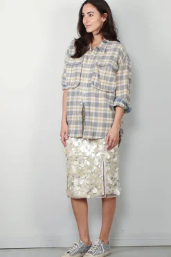 R13 Blouse - Oversized Pocket Drop Neck Shirt - Cream/ Blue Plaid