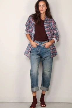 R13 Blouse - Drop neck workshirt - Blue plaid with paint drips