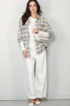 R13 Blouse - Oversized Pocket Drop Neck Shirt - Cream/ Blue Plaid