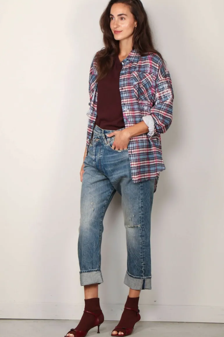 R13 Blouse - Drop neck workshirt - Blue plaid with paint drips