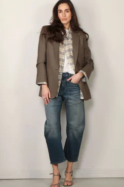 R13 Blouse - Oversized Pocket Drop Neck Shirt - Cream/ Blue Plaid