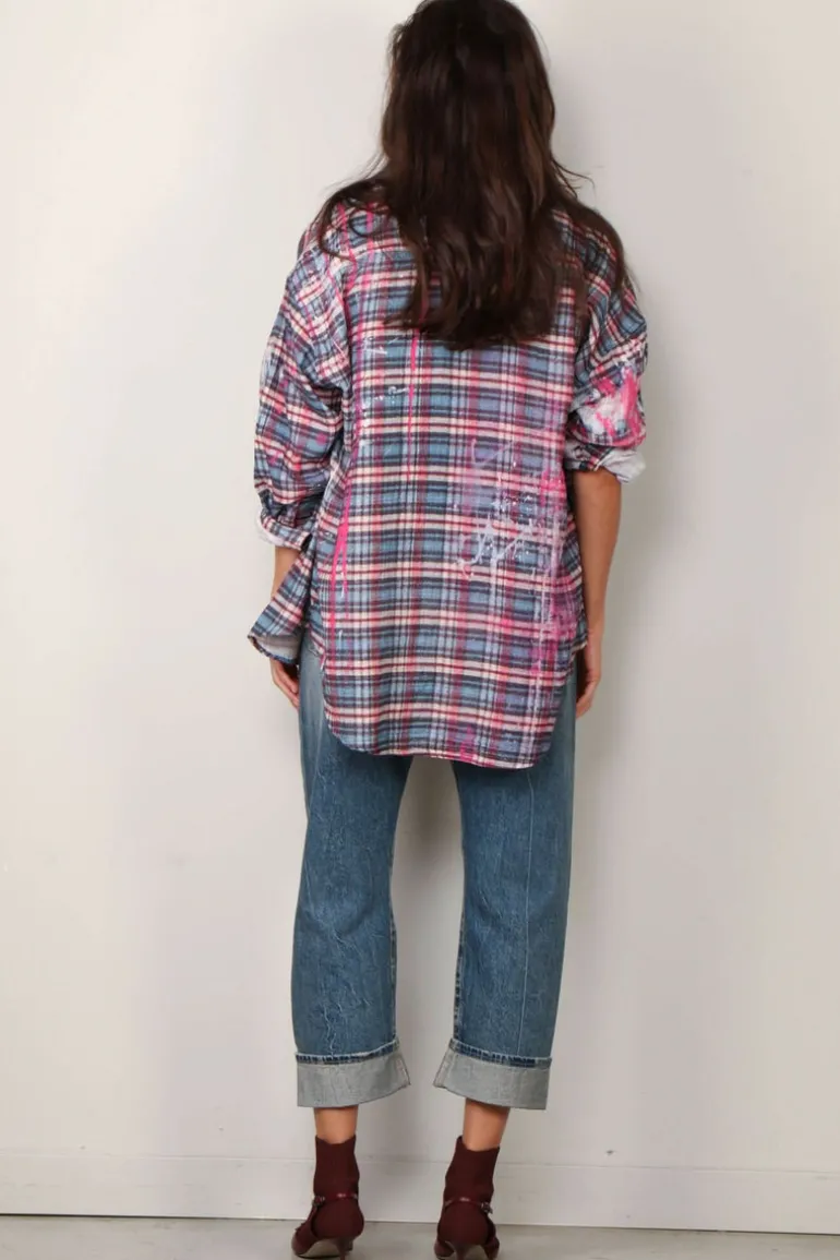 R13 Blouse - Drop neck workshirt - Blue plaid with paint drips