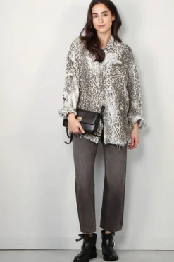 R13 Blouse - Shredded Seam Drop Neck Shirt - Bleached Leopard