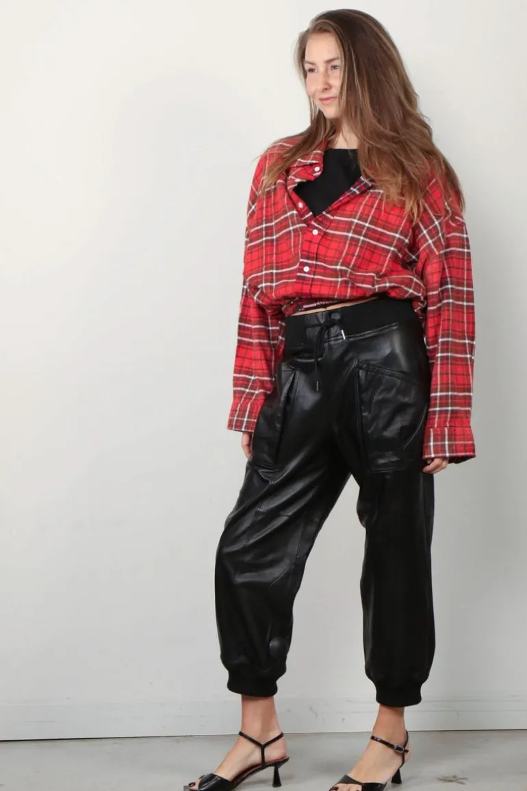 R13 Broek - Pleated Pocket Straight Leg Leather Pant - Black