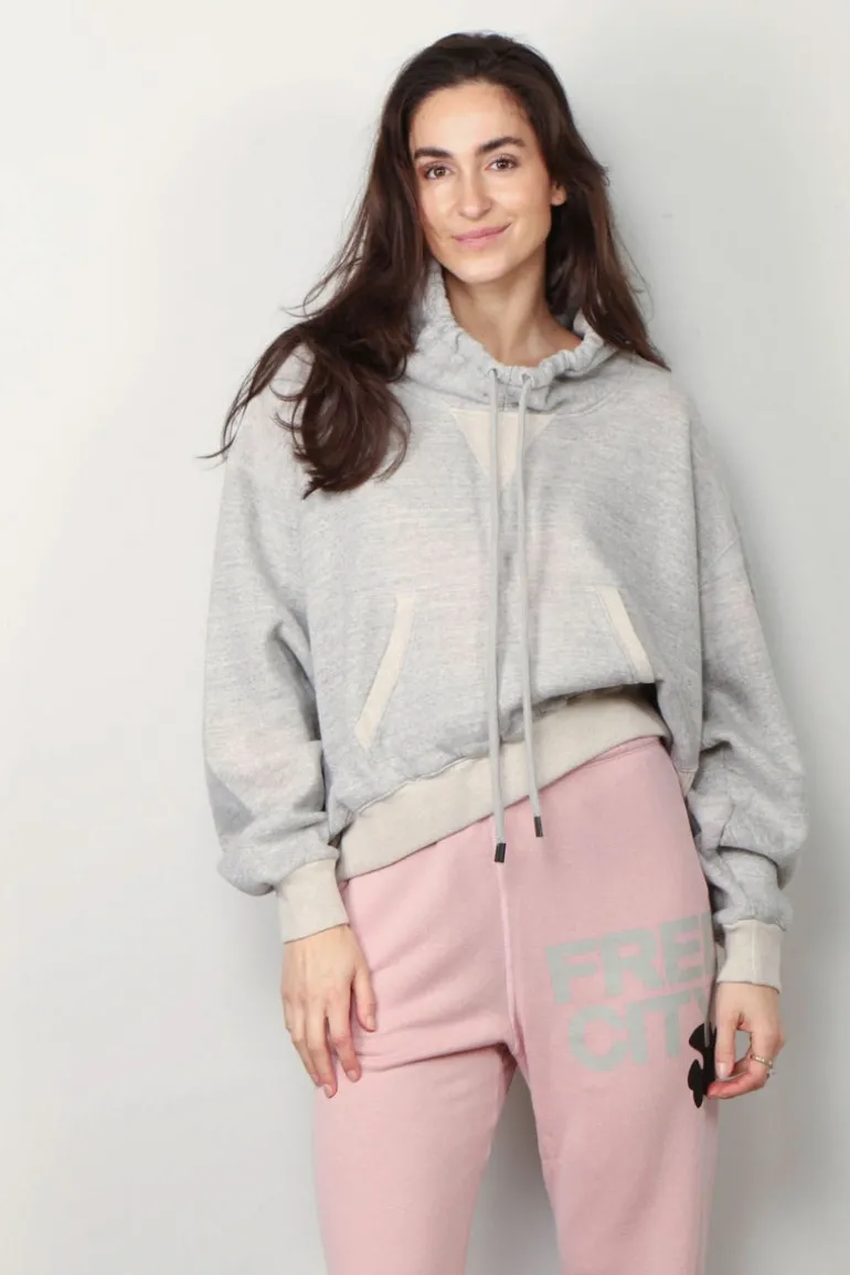 R13 Hoodie - Funnel Neck Cropped Popover - Heather Grey W/ Oatmeal