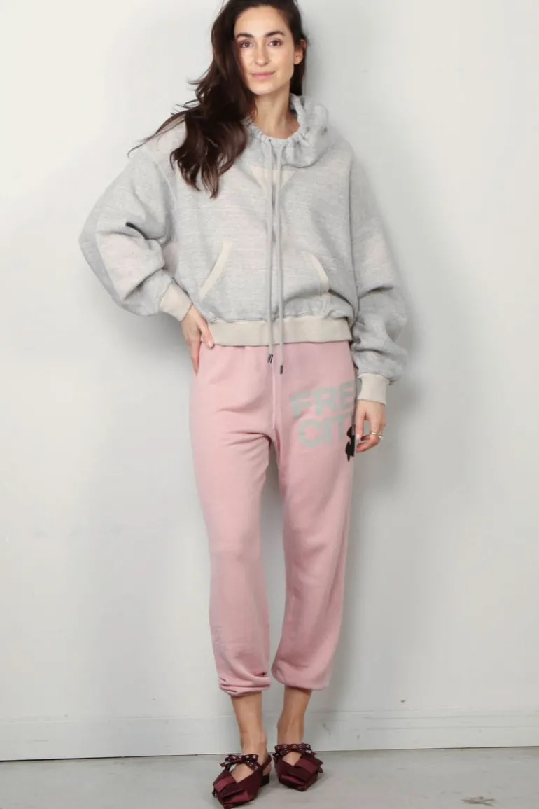R13 Hoodie - Funnel Neck Cropped Popover - Heather Grey W/ Oatmeal