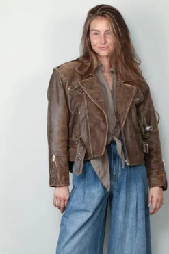 R13 Jack - Exaggerated shoulder motorcycle jacket - Brown leather