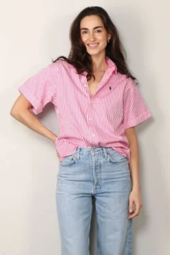 Ralph Lauren Blouse - SS Ligh ST Short Sleeve Button Front Shirt - White / Pink