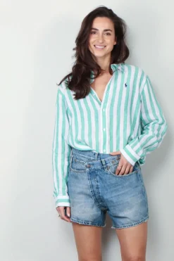 Ralph Lauren Blouse - N WD Crp St Long Sleeve Button Front Shirt - Green White