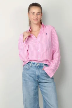 Ralph Lauren Blouse - Classic Long Sleeve Button Front Shirt - Pink / White