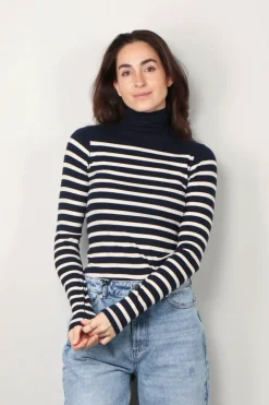 Ralph Lauren Trui - Striped Ribbed Turtleneck - Hunter Navy / Guide Cream