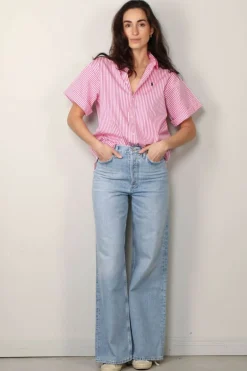 Ralph Lauren Blouse - SS Ligh ST Short Sleeve Button Front Shirt - White / Pink