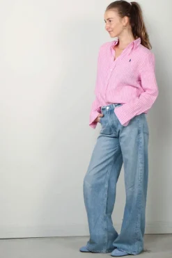 Ralph Lauren Blouse - Classic Long Sleeve Button Front Shirt - Pink / White