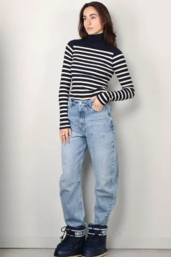 Ralph Lauren Trui - Striped Ribbed Turtleneck - Hunter Navy / Guide Cream