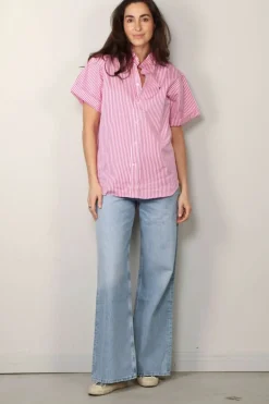 Ralph Lauren Blouse - SS Ligh ST Short Sleeve Button Front Shirt - White / Pink