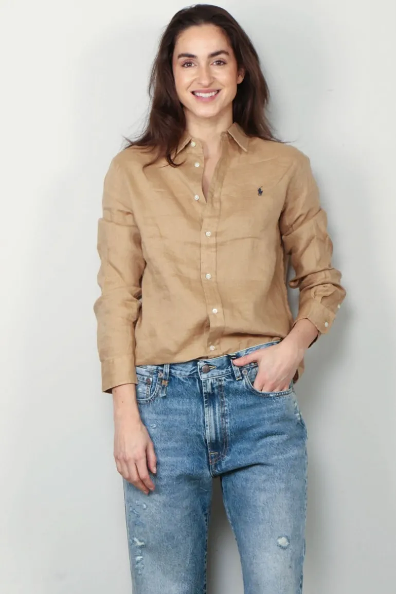 Ralph Lauren Blouse - Classic Long Sleeve Button Front Shirt - Vintage Khaki
